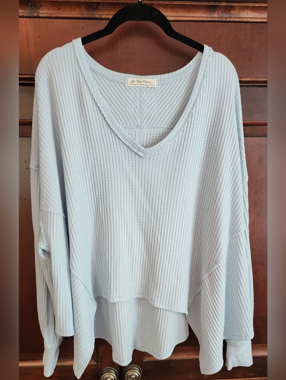 We The Free Coraline Thermal Light Blue Waffle V-Neck Pullover, XS Oversized